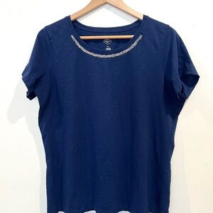 Women's Blue Top with Embellished Neckline